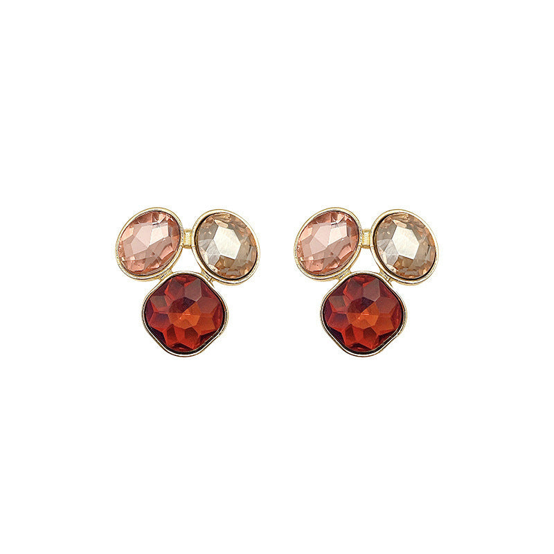 Wholesale 925 Silver Needle Maillard Style Simple Geometric Coffee Color Rhinestone Stud Earrings